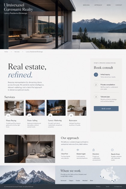 Property website design for Canada, showing a clear opening, service information, supporting content, and a focused inquiry action.