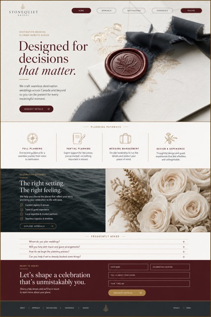 Fictional Stonequiet Bridal Destination wedding planner website design showcase in a 2:3 layout with service sections, FAQ, and inquiry action