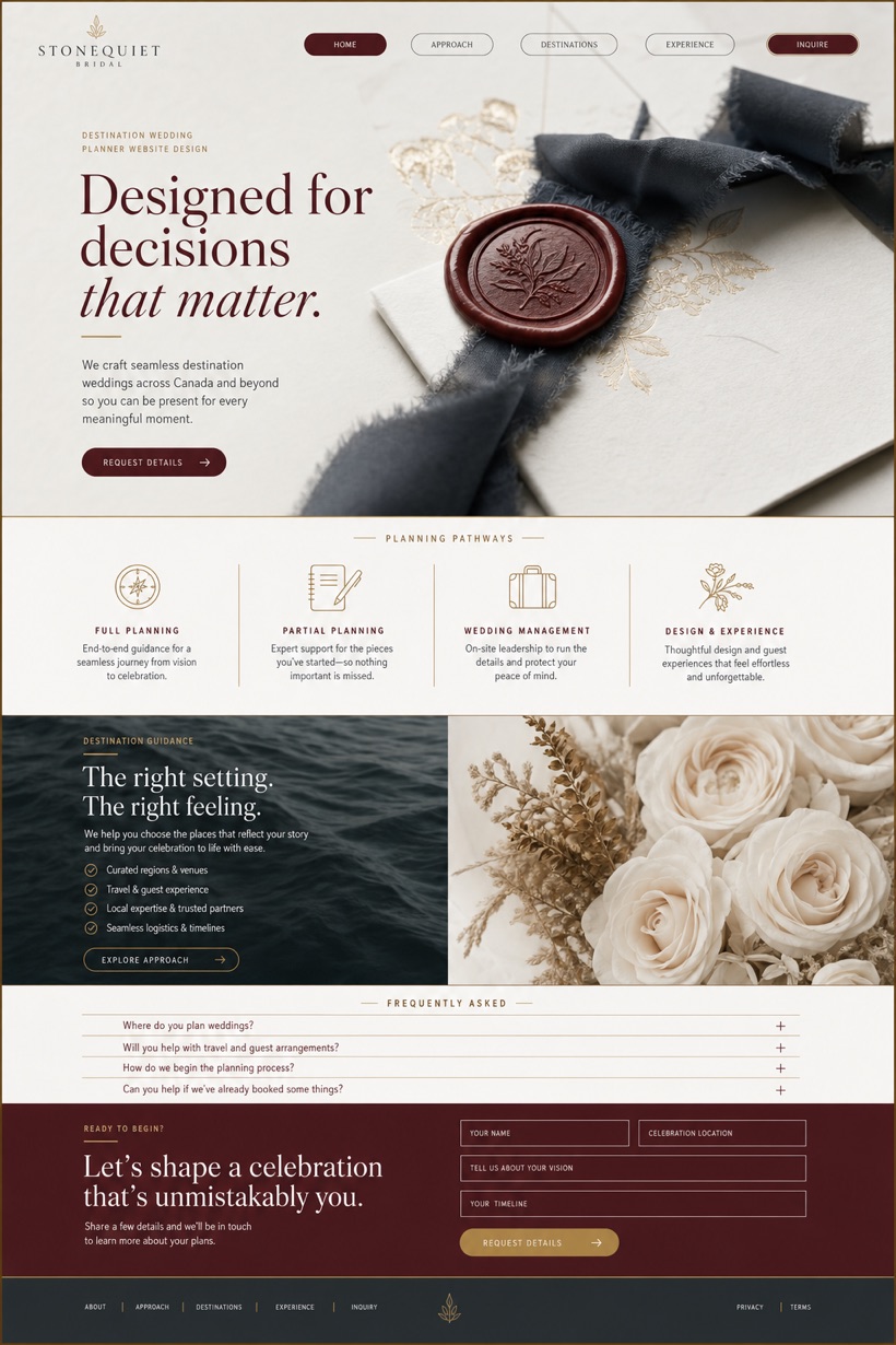 Fictional Stonequiet Bridal Destination wedding planner website design showcase in a 2:3 layout with service sections, FAQ, and inquiry action
