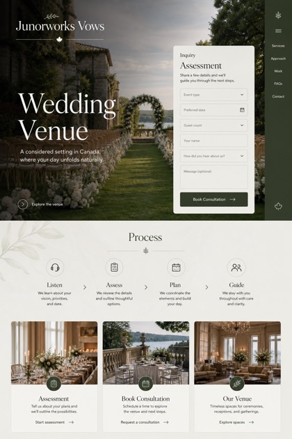 Weddings & Events website design for Canada, showing a clear opening, service information, supporting content, and a focused inquiry action.