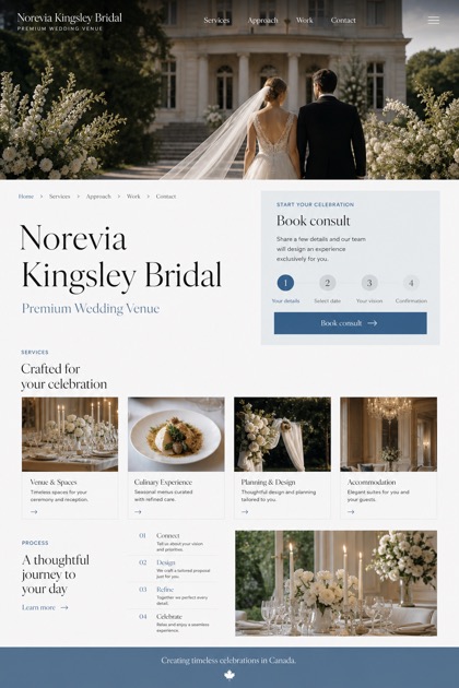 Weddings & Events website design for Canada, showing a clear opening, service information, supporting content, and a focused inquiry action.