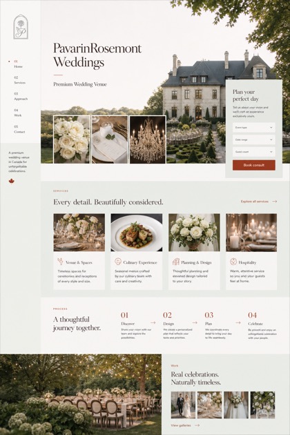 Weddings & Events website design for Canada, showing a clear opening, service information, supporting content, and a focused inquiry action.
