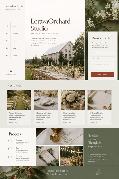 Weddings & Events website design for Canada, showing a clear opening, service information, supporting content, and a focused inquiry action.