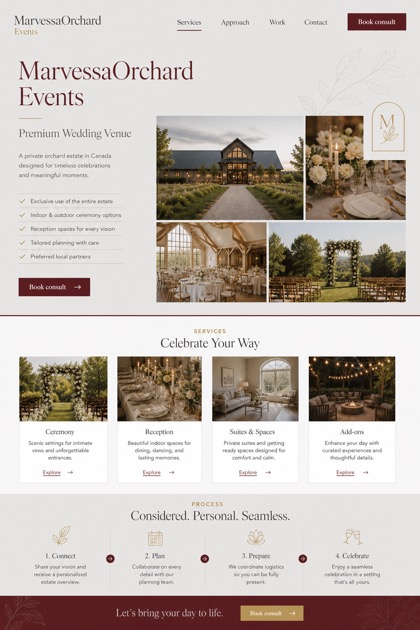 Weddings & Events website design for Canada, showing a clear opening, service information, supporting content, and a focused inquiry action.