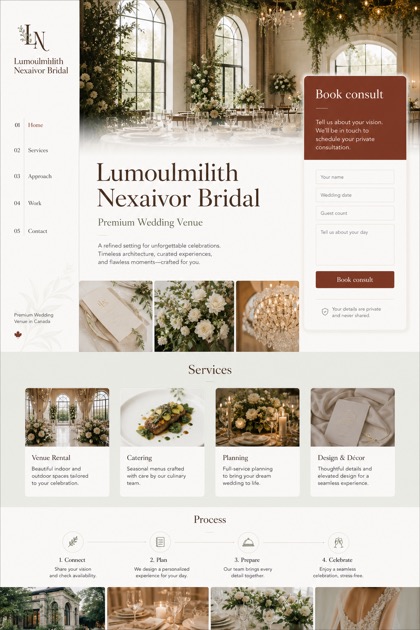 Weddings & Events website design for Canada, showing a clear opening, service information, supporting content, and a focused inquiry action.