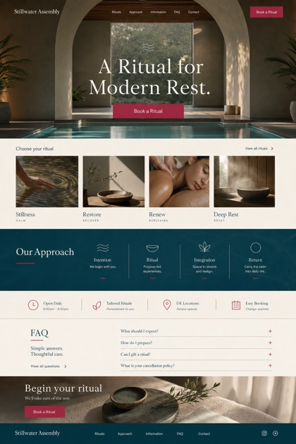 Fictional Stillwater Assembly Luxury spa website design showcase with a complete 2:3 page layout, service sections, practical information, and contact action