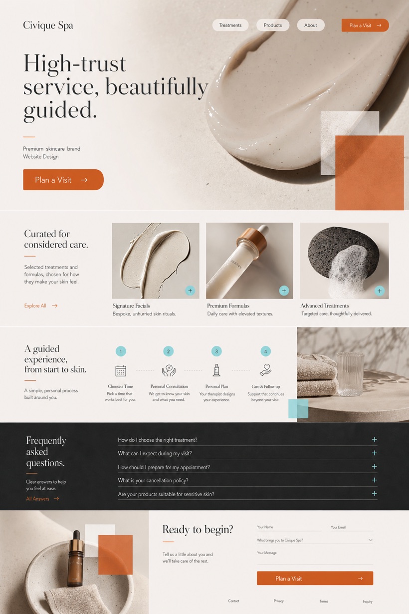 Fictional Civique Spa Premium skincare brand website design showcase in a 2:3 layout with service sections, FAQ, and inquiry action