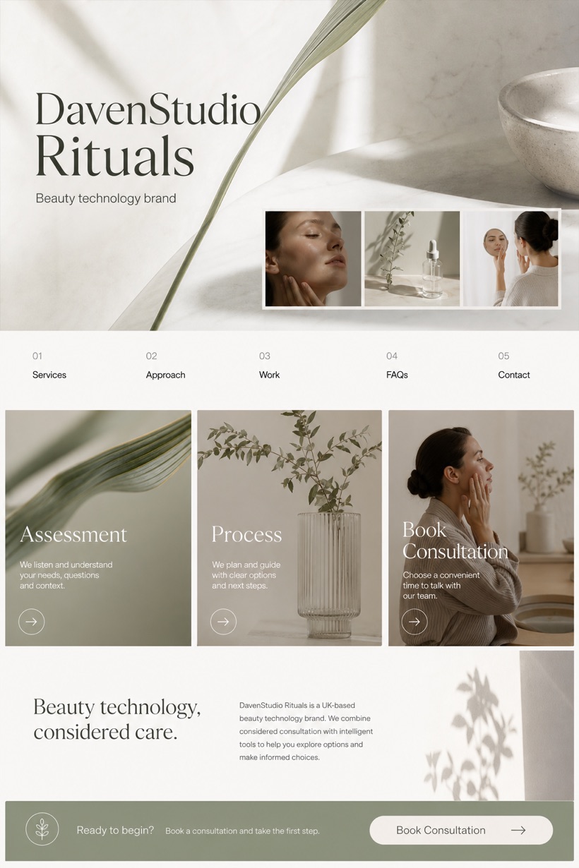 Beauty & Wellness website design for United Kingdom, showing a clear opening, service information, supporting content, and a focused inquiry action.