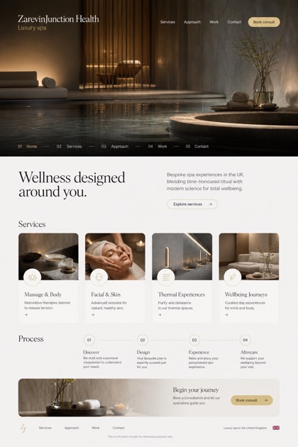 Beauty & Wellness website design for United Kingdom, showing a clear opening, service information, supporting content, and a focused inquiry action.