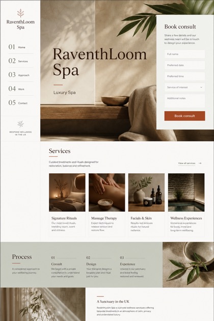 Beauty & Wellness website design for United Kingdom, showing a clear opening, service information, supporting content, and a focused inquiry action.