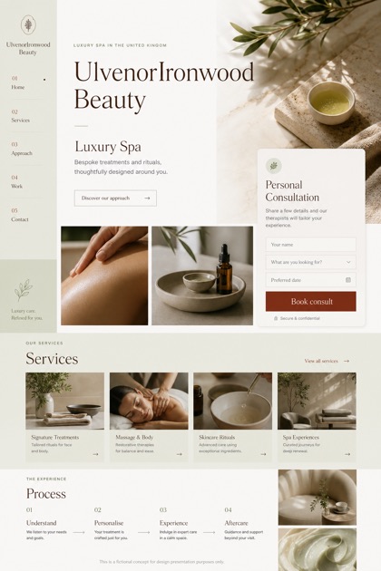 Beauty & Wellness website design for United Kingdom, showing a clear opening, service information, supporting content, and a focused inquiry action.