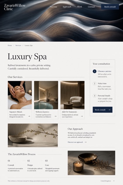 Beauty & Wellness website design for United Kingdom, showing a clear opening, service information, supporting content, and a focused inquiry action.
