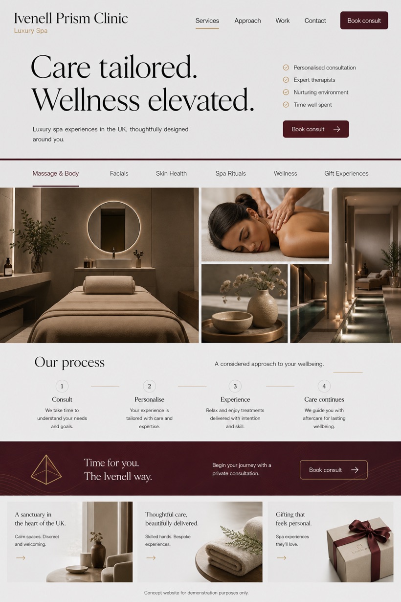 Beauty & Wellness website design for United Kingdom, showing a clear opening, service information, supporting content, and a focused inquiry action.