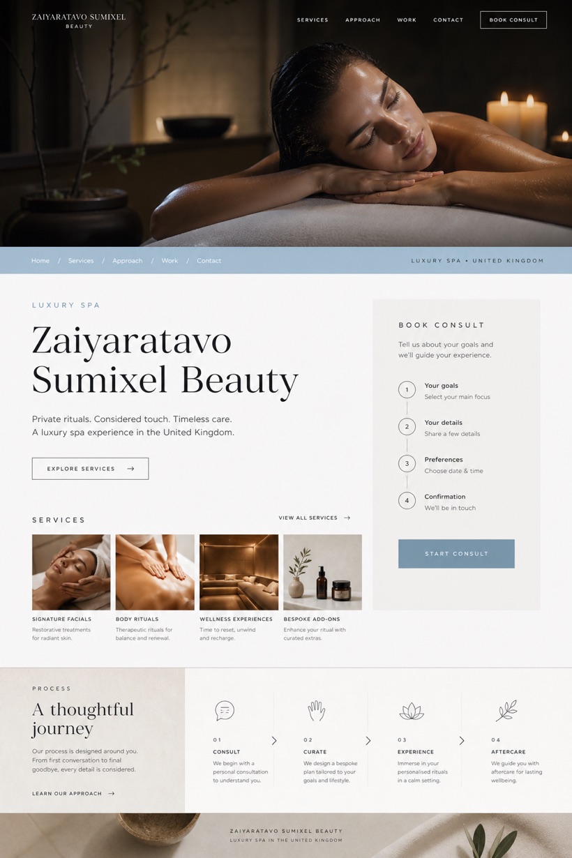 Beauty & Wellness website design for United Kingdom, showing a clear opening, service information, supporting content, and a focused inquiry action.