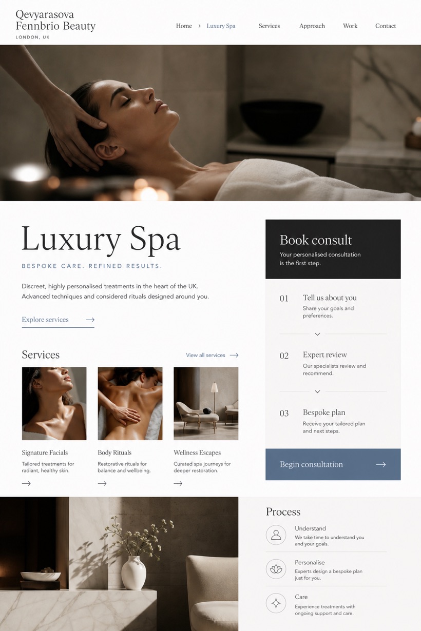Beauty & Wellness website design for United Kingdom, showing a clear opening, service information, supporting content, and a focused inquiry action.