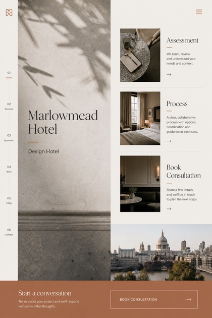 Hospitality website design for United Kingdom, showing a clear opening, service information, supporting content, and a focused inquiry action.
