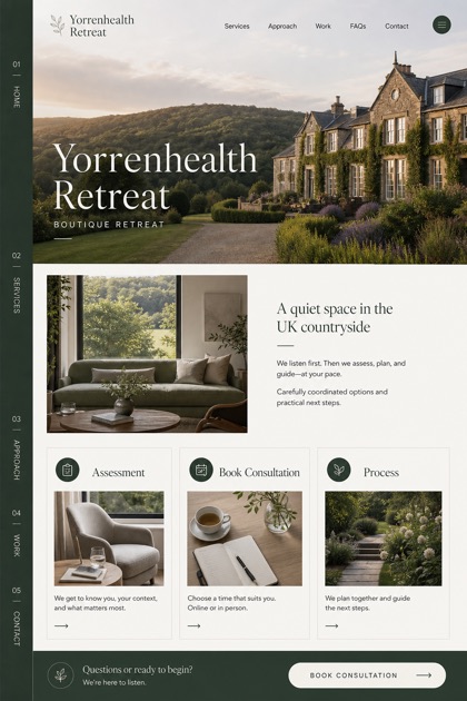 Hospitality website design for United Kingdom, showing a clear opening, service information, supporting content, and a focused inquiry action.