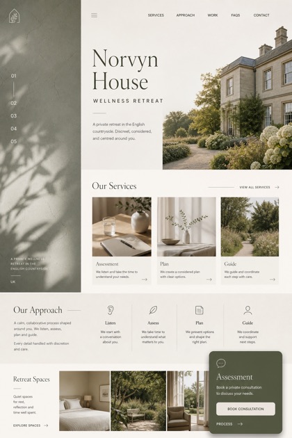 Hospitality website design for United Kingdom, showing a clear opening, service information, supporting content, and a focused inquiry action.