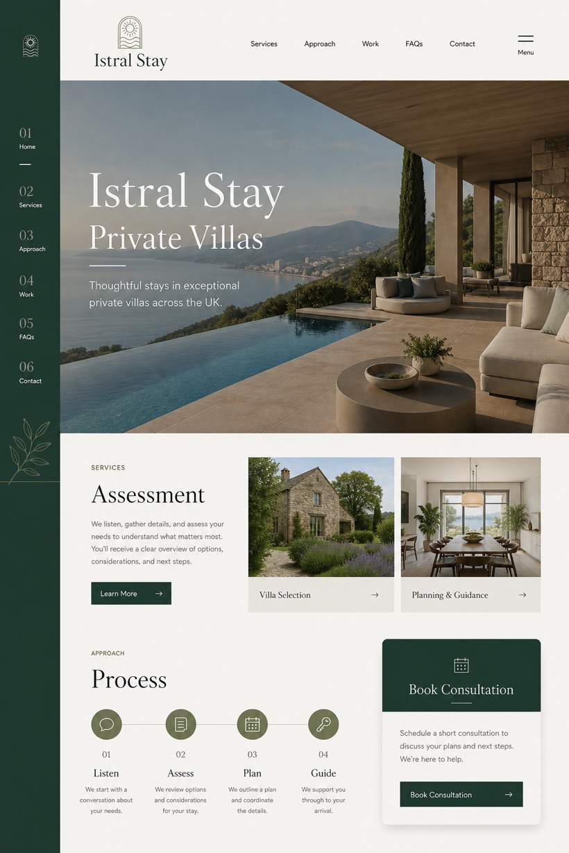 Hospitality website design for United Kingdom, showing a clear opening, service information, supporting content, and a focused inquiry action.