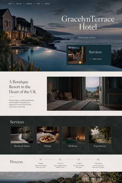 Hospitality website design for United Kingdom, showing a clear opening, service information, supporting content, and a focused inquiry action.