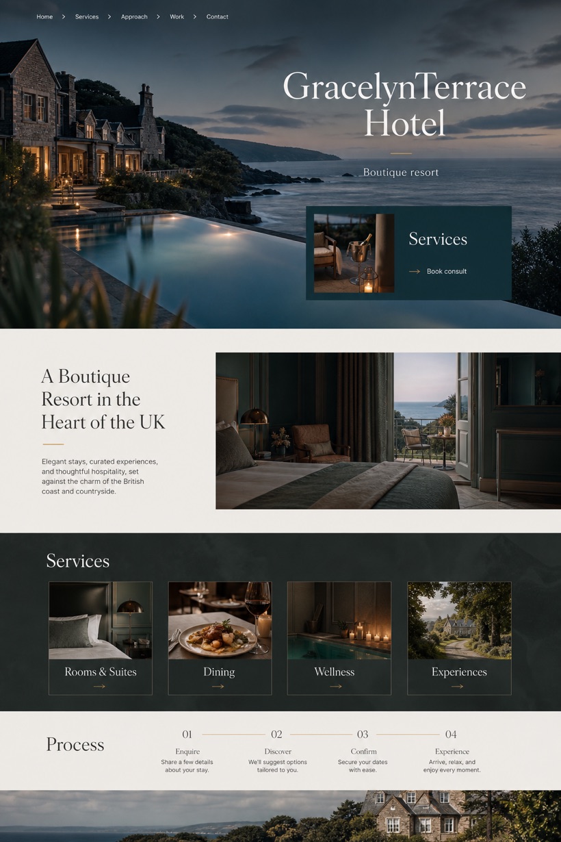 Hospitality website design for United Kingdom, showing a clear opening, service information, supporting content, and a focused inquiry action.