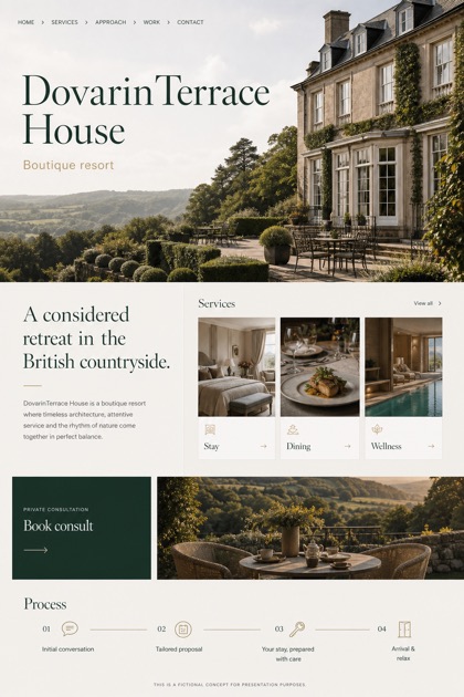 Hospitality website design for United Kingdom, showing a clear opening, service information, supporting content, and a focused inquiry action.
