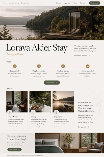 Hospitality website design for United Kingdom, showing a clear opening, service information, supporting content, and a focused inquiry action.
