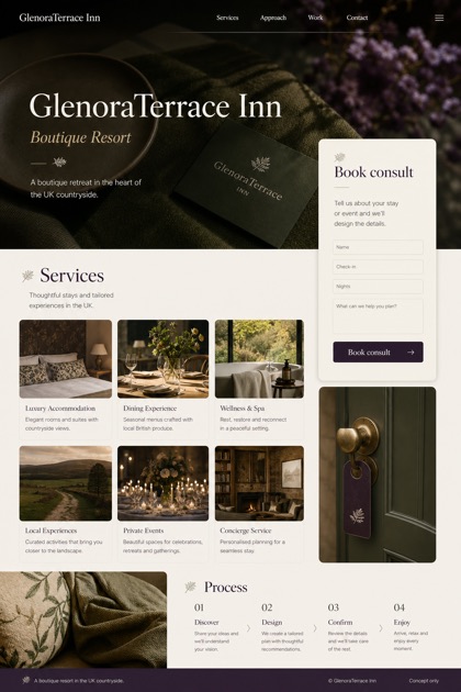 Hospitality website design for United Kingdom, showing a clear opening, service information, supporting content, and a focused inquiry action.