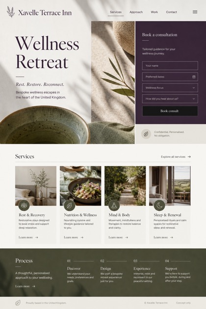Hospitality website design for United Kingdom, showing a clear opening, service information, supporting content, and a focused inquiry action.