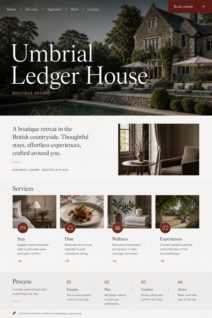 Hospitality website design for United Kingdom, showing a clear opening, service information, supporting content, and a focused inquiry action.