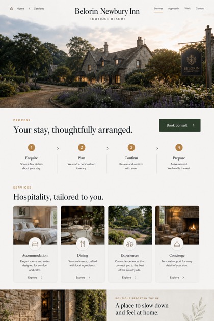 Hospitality website design for United Kingdom, showing a clear opening, service information, supporting content, and a focused inquiry action.