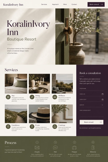 Hospitality website design for United Kingdom, showing a clear opening, service information, supporting content, and a focused inquiry action.