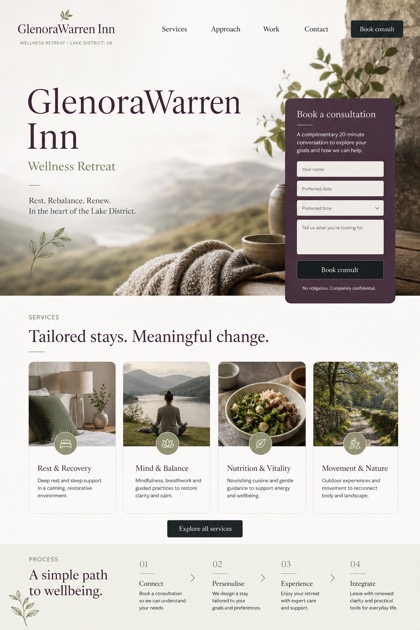 Hospitality website design for United Kingdom, showing a clear opening, service information, supporting content, and a focused inquiry action.