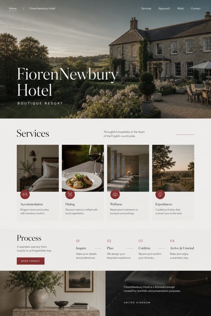 Hospitality website design for United Kingdom, showing a clear opening, service information, supporting content, and a focused inquiry action.