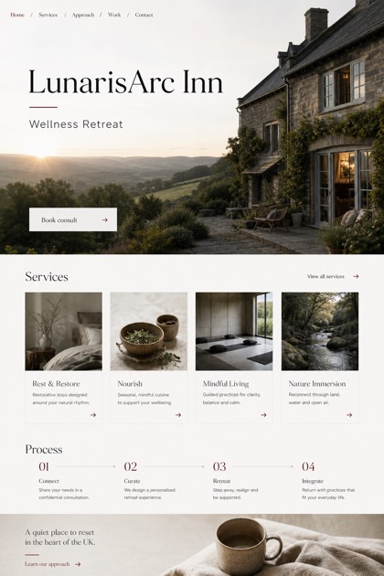 Hospitality website design for United Kingdom, showing a clear opening, service information, supporting content, and a focused inquiry action.