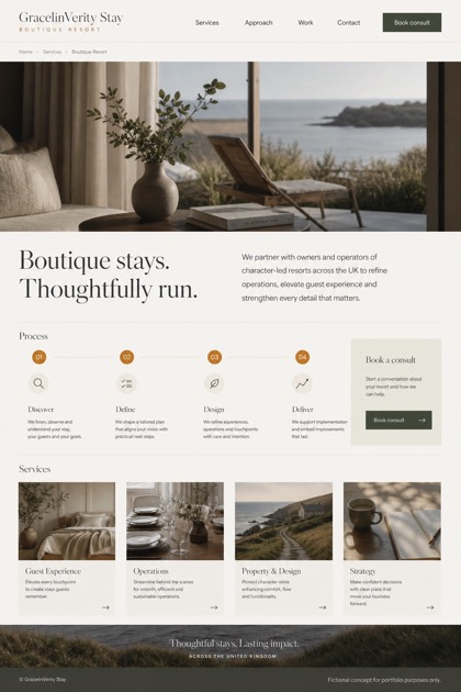 Hospitality website design for United Kingdom, showing a clear opening, service information, supporting content, and a focused inquiry action.