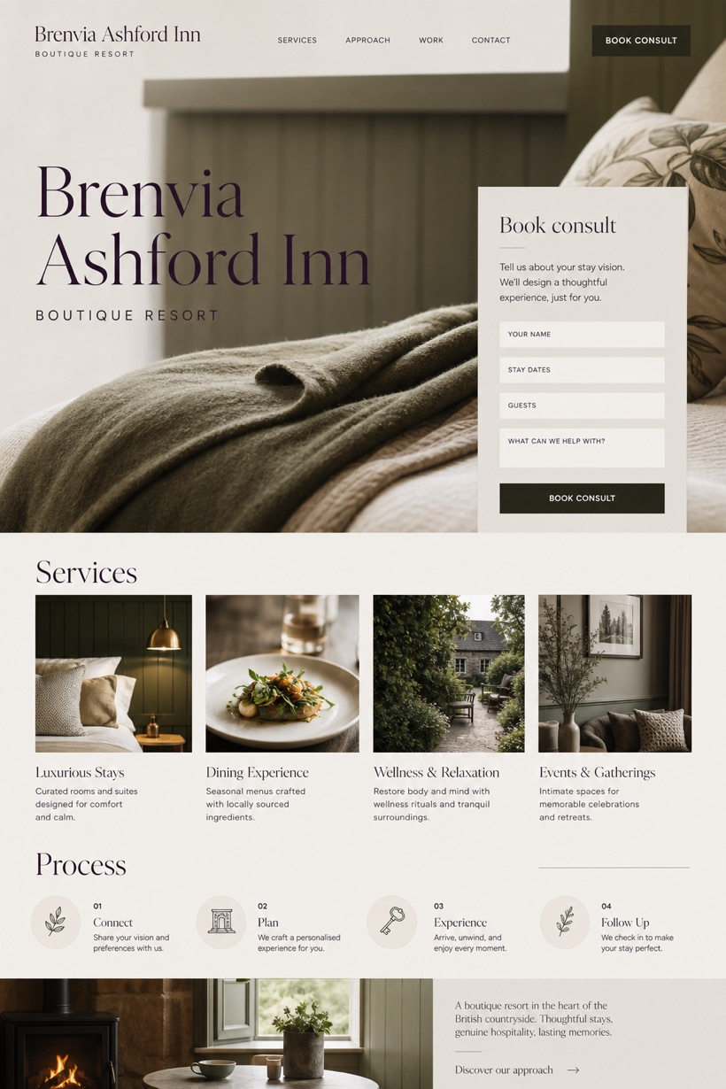 Hospitality website design for United Kingdom, showing a clear opening, service information, supporting content, and a focused inquiry action.