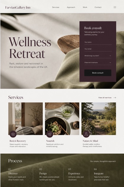 Hospitality website design for United Kingdom, showing a clear opening, service information, supporting content, and a focused inquiry action.