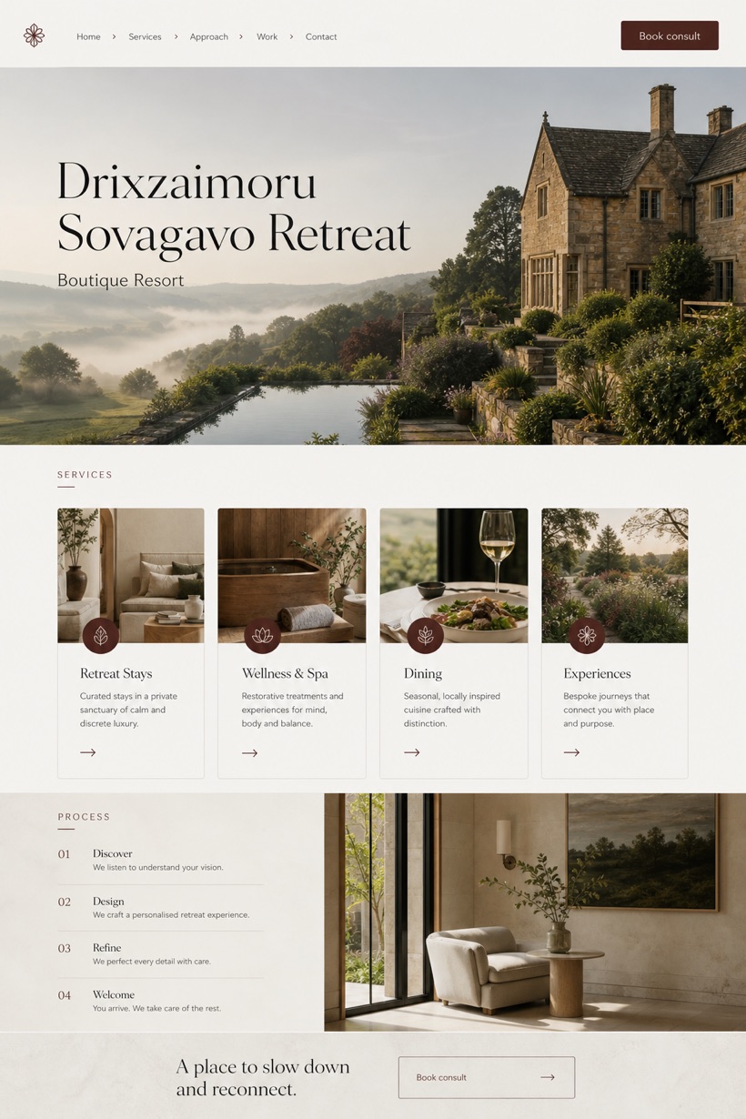 Hospitality website design for United Kingdom, showing a clear opening, service information, supporting content, and a focused inquiry action.
