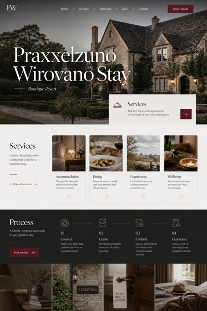 Hospitality website design for United Kingdom, showing a clear opening, service information, supporting content, and a focused inquiry action.