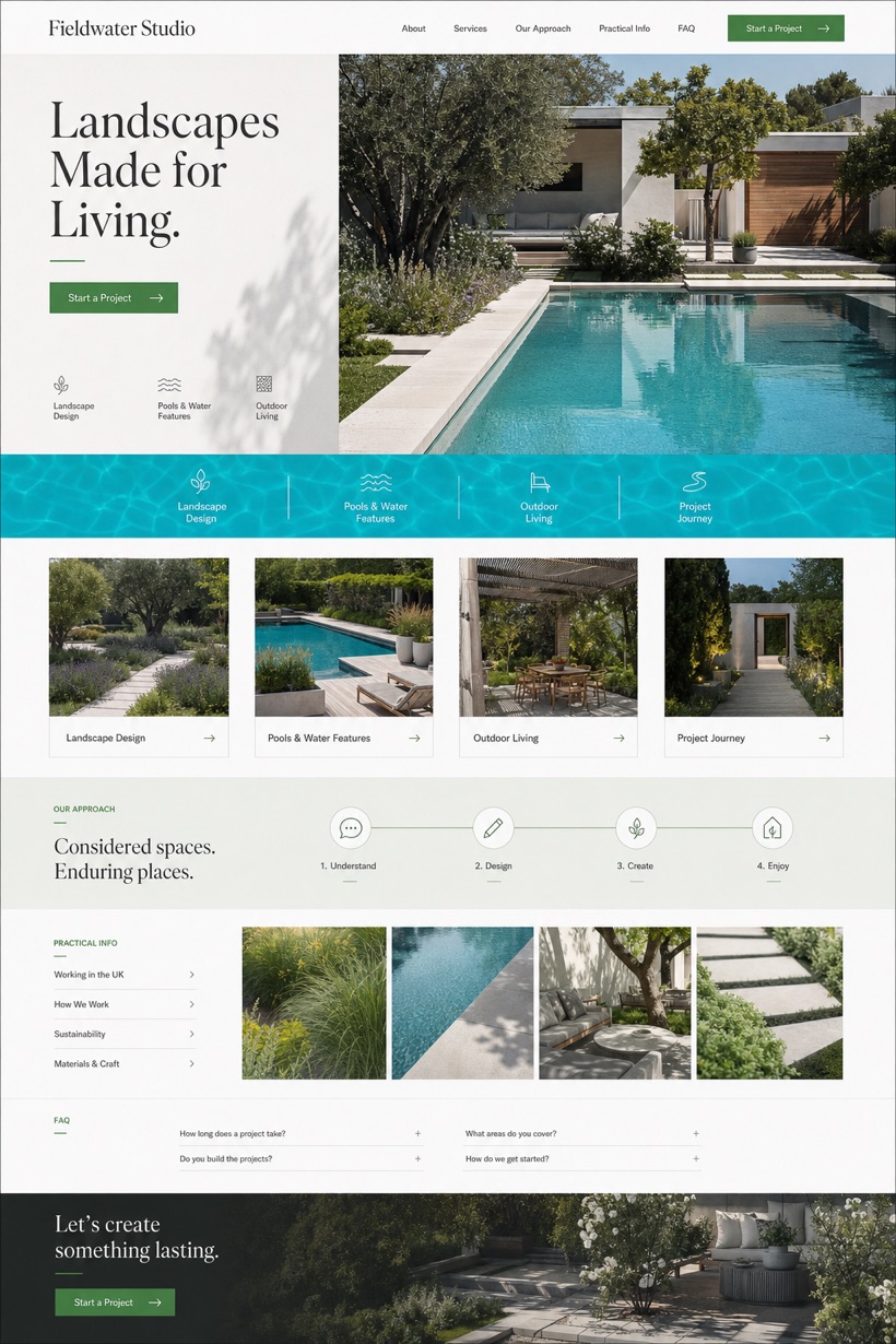 Fictional Fieldwater Studio Landscape and pool design website design showcase with a complete 2:3 page layout, service sections, practical information, and contact action