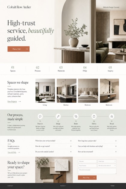 Fictional Cobalt Row Atelier Luxury interior design studio website design showcase in a 2:3 layout with service sections, FAQ, and inquiry action