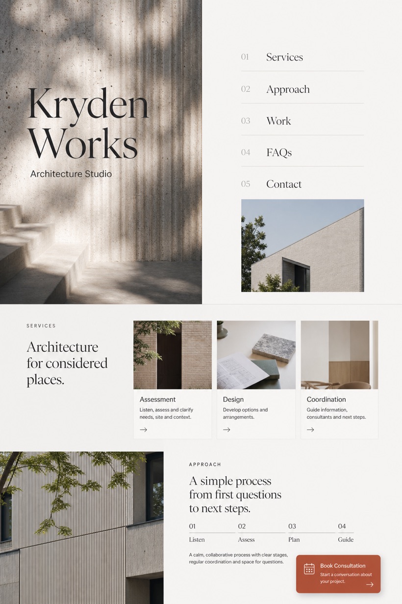 Architecture & Interiors website design for United Kingdom, showing a clear opening, service information, supporting content, and a focused inquiry action.