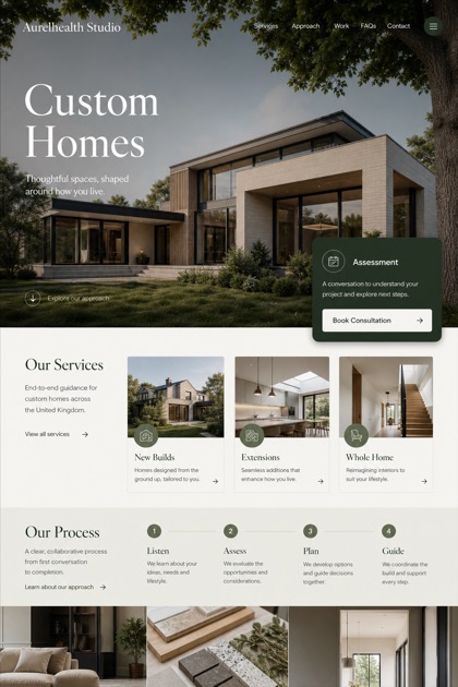 Architecture & Interiors website design for United Kingdom, showing a clear opening, service information, supporting content, and a focused inquiry action.