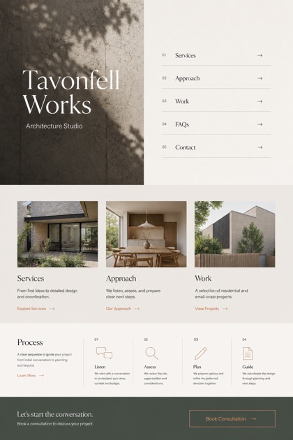 Architecture & Interiors website design for United Kingdom, showing a clear opening, service information, supporting content, and a focused inquiry action.