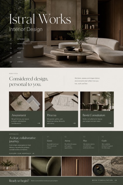 Architecture & Interiors website design for United Kingdom, showing a clear opening, service information, supporting content, and a focused inquiry action.