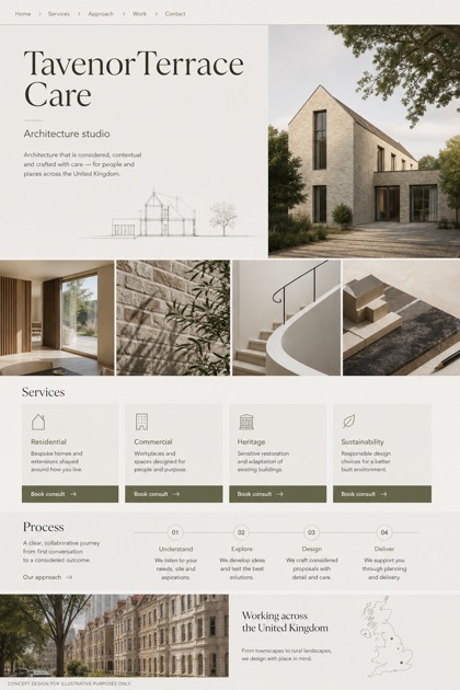 Architecture & Interiors website design for United Kingdom, showing a clear opening, service information, supporting content, and a focused inquiry action.