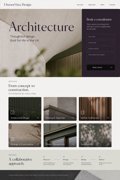 Architecture & Interiors website design for United Kingdom, showing a clear opening, service information, supporting content, and a focused inquiry action.