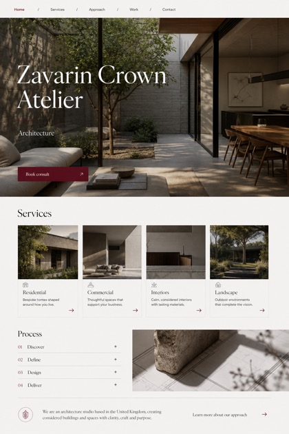 Architecture & Interiors website design for United Kingdom, showing a clear opening, service information, supporting content, and a focused inquiry action.