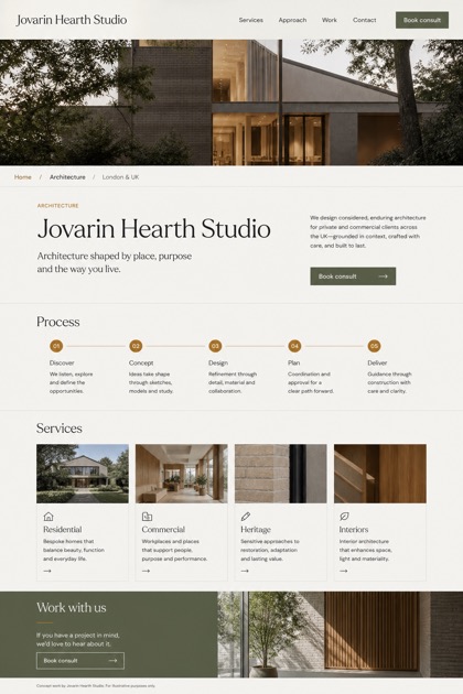 Architecture & Interiors website design for United Kingdom, showing a clear opening, service information, supporting content, and a focused inquiry action.